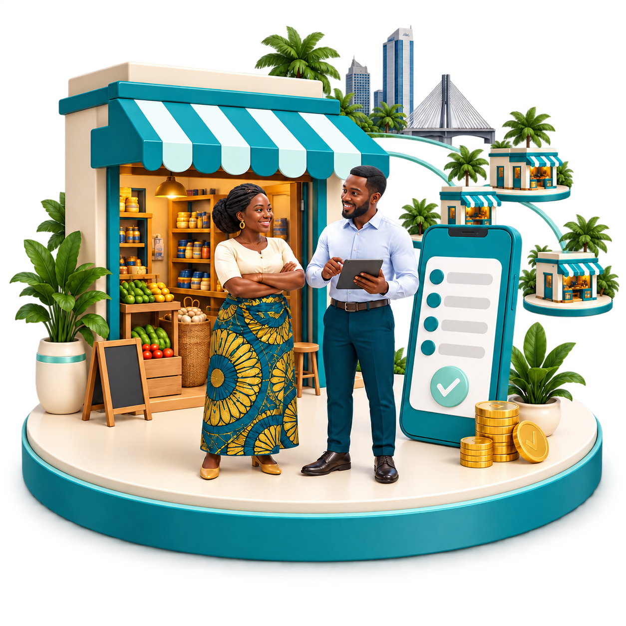 3D Tanzanian entrepreneur and lending officer beside a local shop and connected branches